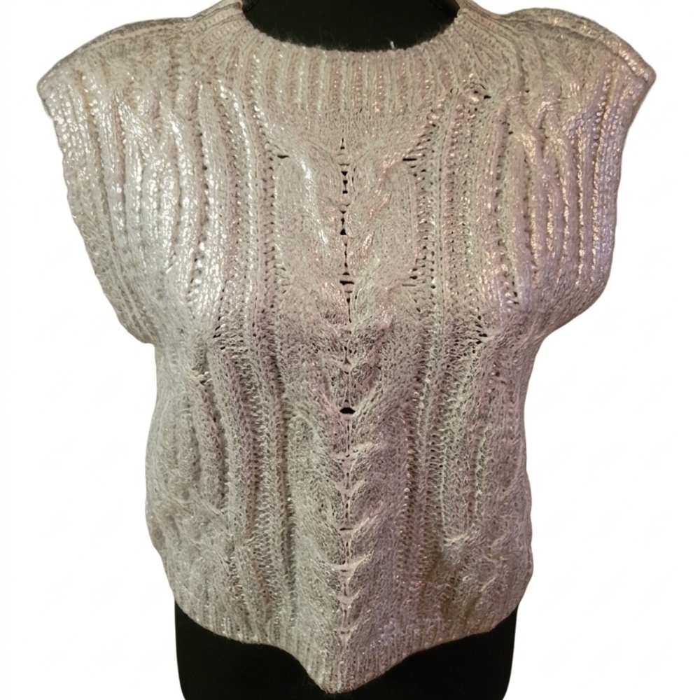 DKNY Silver Metallic Cable-Knit Sleeveless Crew Sweater Vest